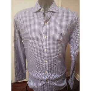 Polo Ralph Lauren Shirt Mens Medium Purple Blue Check Button Down Stretch Preppy